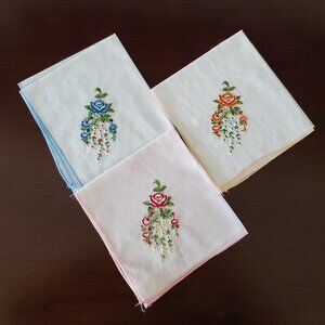 3-Beautiful Vintage Women's Embroidered Hankies Same Pattern assorted Colors